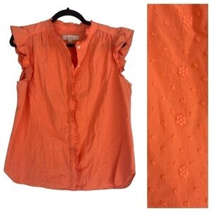 LOFT 100% Cotton Embroidered Button Down Blouse Floral Flutter Short Sleeve